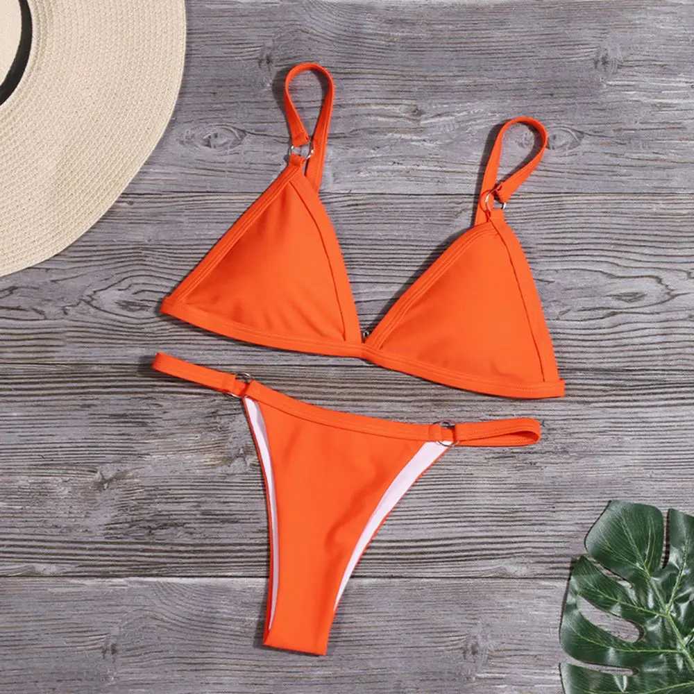 Beach Low Waist Sexy Solid Color Sling Backless Two Piece Split Swimwear Swimsuit Bikini SetXJ241223
