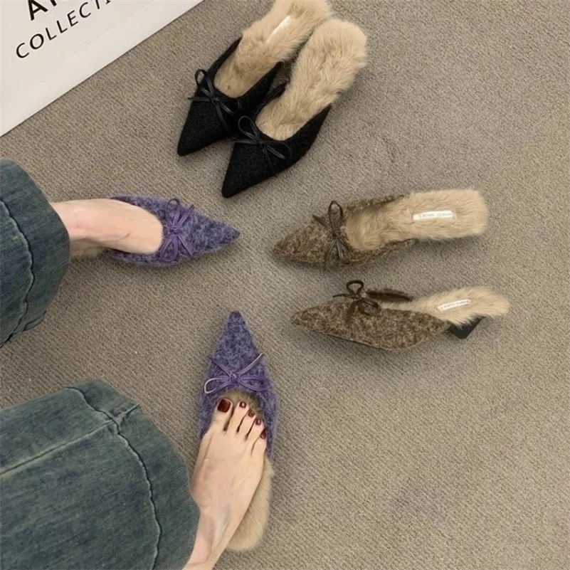 Womens Pointed Toe Cotton Slippers Fashionable Autumn Style Plus Velvet Warm Comfortable and Elegant Ladies Trendy Slippers 241220