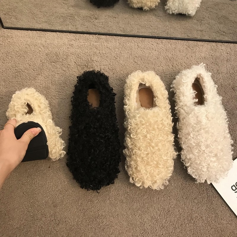 8e2ec 2023 Winter Fur Flat shoes woman round toe warr plush cotton moccasins female lambwool flats slip on furry loafers