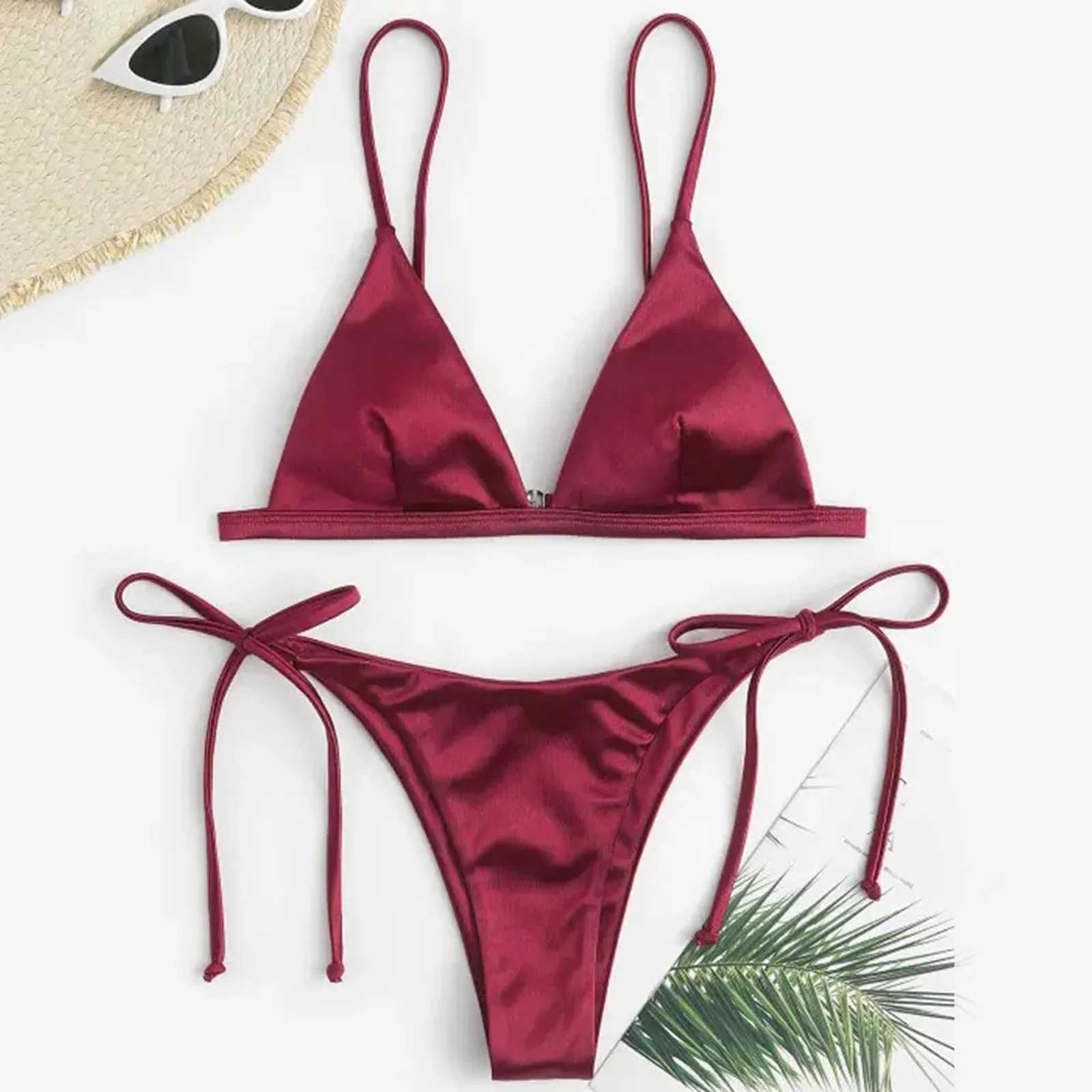 Sexy Women 2024 Bikini Set Push Up Bandage Swimsuit Solid Color Tankini Beachwear Hot Girl Thin Strap Swimwear XJ241223