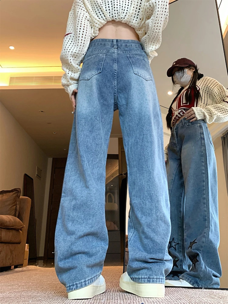 Baggy Jeans Women Star Patchwork Ins High Waist Y2k 2000s Autumn Slacks Mopping Trousers Cowgirl Clothes Streetwear Daily 241218