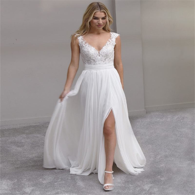 Minimalist Boho Wedding Dress V Neck Bohemian Chiffon Bridal Dress With Slit Elegant A Line Lace Beach Bride Gown Rustic Robe De Mariage 2025 Vestio D