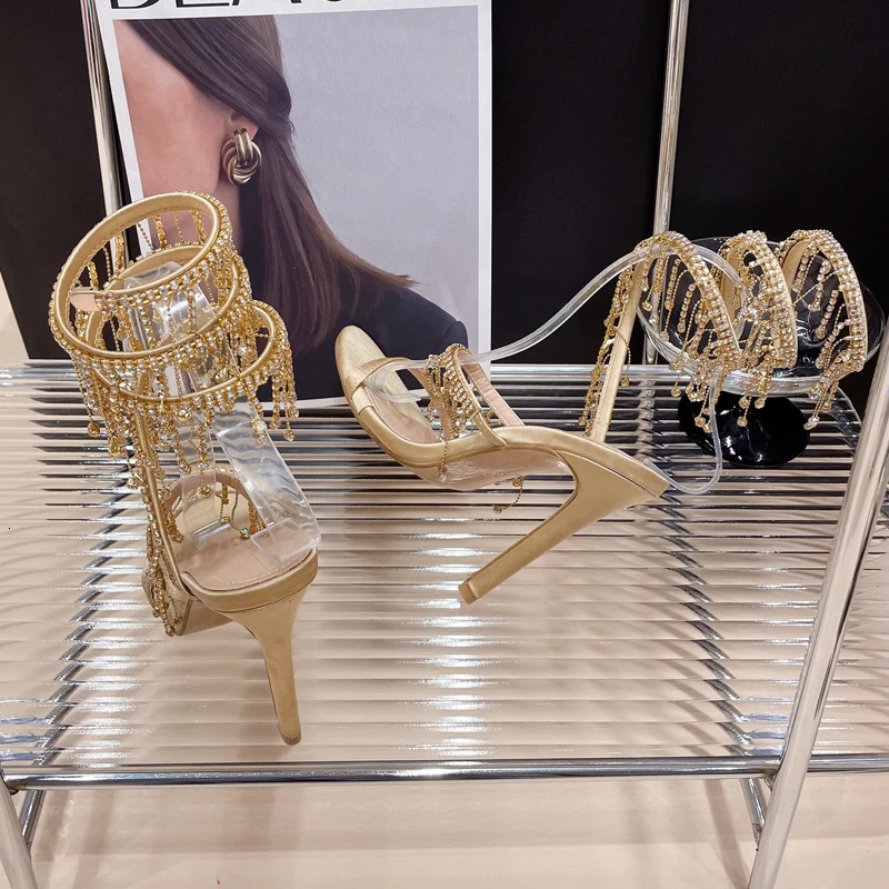 Eilyken Golden Crystal Womens Sandals Fashion String Bead Nightclub Stiletto Heel Wrap Strap Peep Toe Summer Shoes 241213