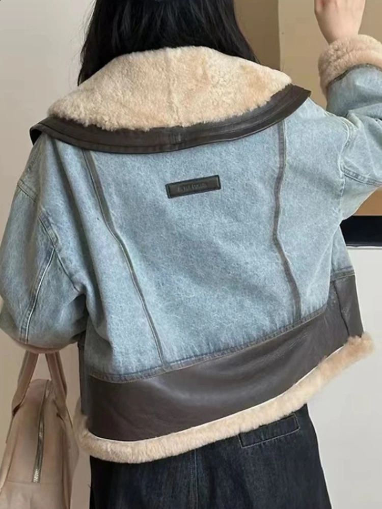 DEAT Fashion Integrated Fur PU Leather Patchwork Denim Jacket Womens Lapel Loose Zipper Motorcycle Jackets Winter 241220