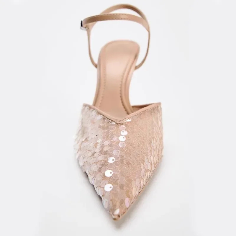 Mesh Thin high Heeled Sandal Sexy Pointed Toe Bling Pumps Beige Open Heel Ankle Strap Wedding Party Shoes 241213
