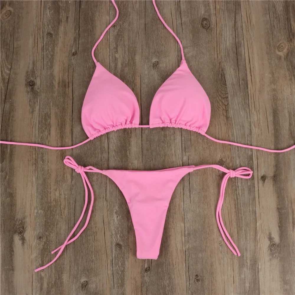 2 Pcs/Set Bikini Set Sexy Bikinis 2024 Bathing Suit Solid Color Halter Neck Strap Thong Women Swimsuit Set For Beach SwimwearXJ241223