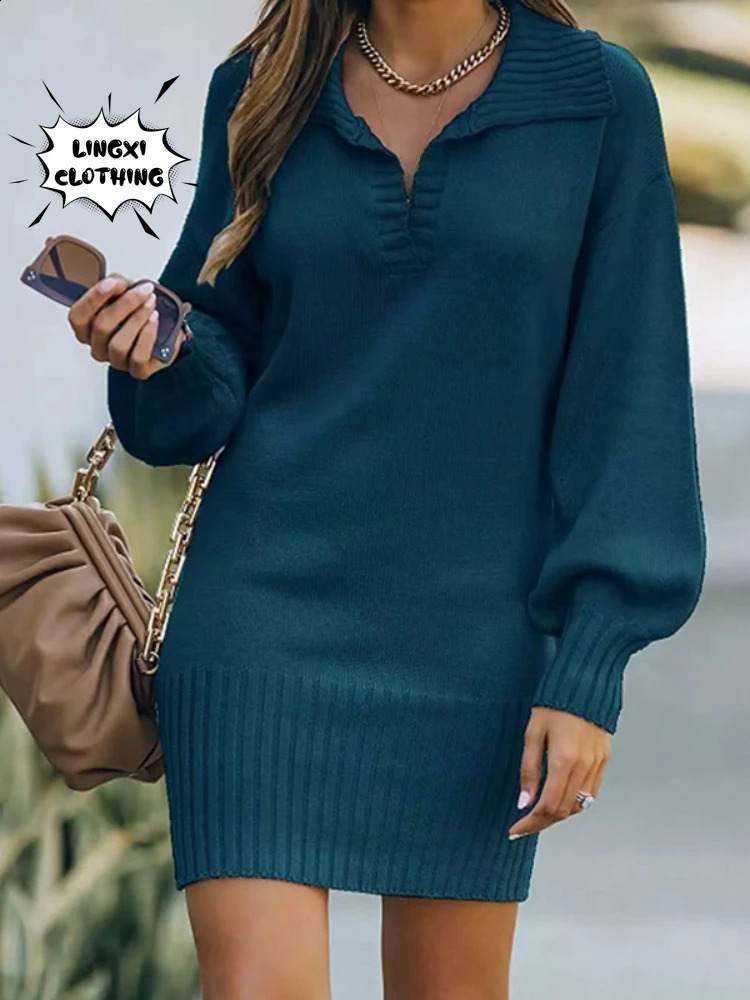 Autumn and Winter Fashion Womens Knitted Hip Skirt Elastic Elegant Sexy Polo Party Sweater Pullover Long Dress 241218