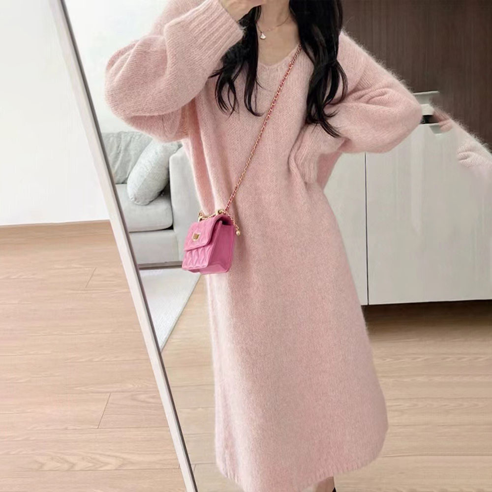 DB30 Mint Green Lazy Style Loose V-neck Knitted Sweater Dress Autumn and Winter French Knitted Bottom Dress
