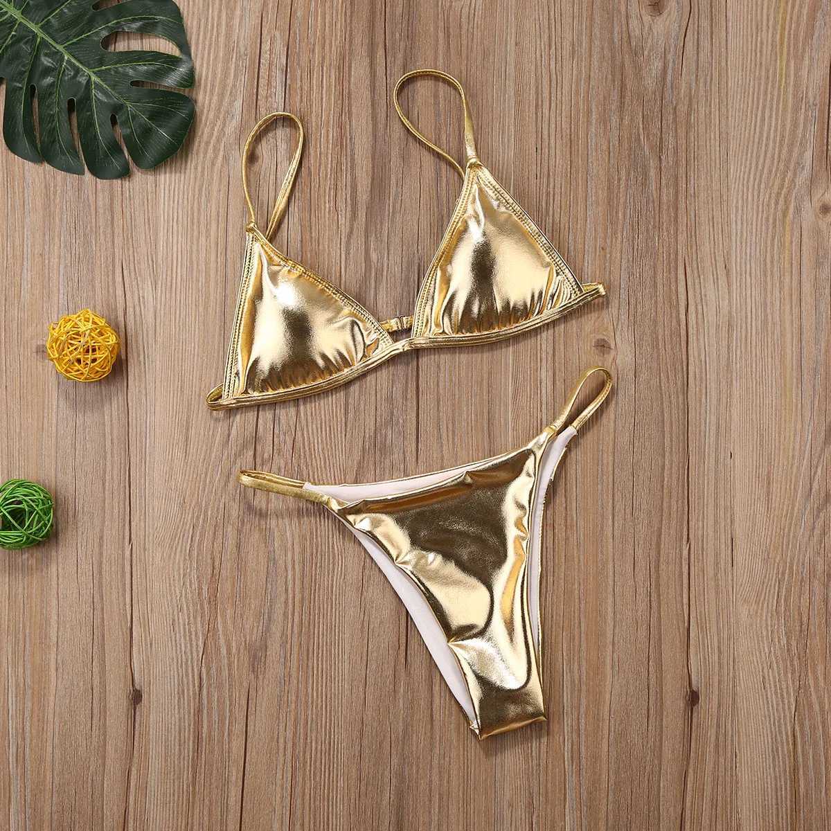2020 Womens Gold Bikinis Set Hot Summer Sexy Padded Triangle Bra Low Waist Swim Bottoms Fashion Shiny Bathing Suit BeachwearXJ241223
