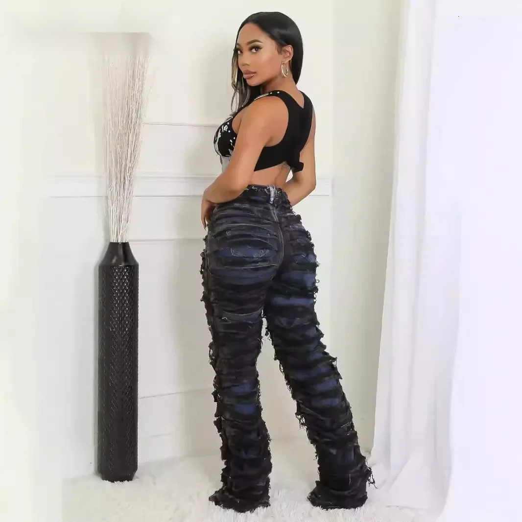 Street Denim Women Ripped Out Striped High Waist Zipper Jeans Fall Trousers Streetwear Straight Party Pants
