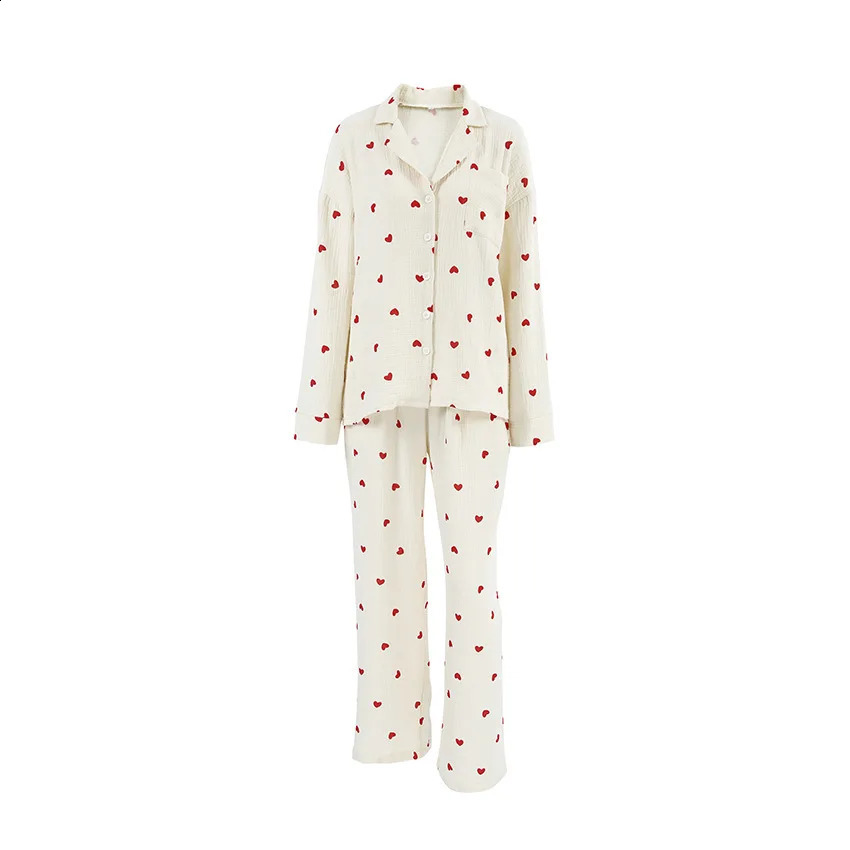 Summer Love Heart Print Pyjama 100% Cotton Long Sleeve Set 2Pcs Outfit Lapel Sleepwear Button Down Womens Pajamas Nightwear 241217