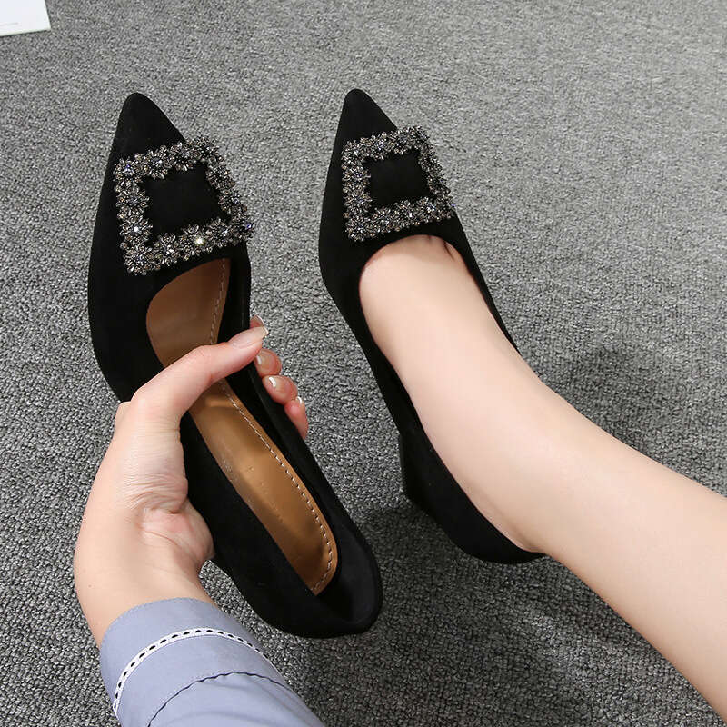 Water Diamond Single For Women, Summer 2021 New Mid Work Spring And Autumn Pointed Black Thick Heel Square Buckle Shoes