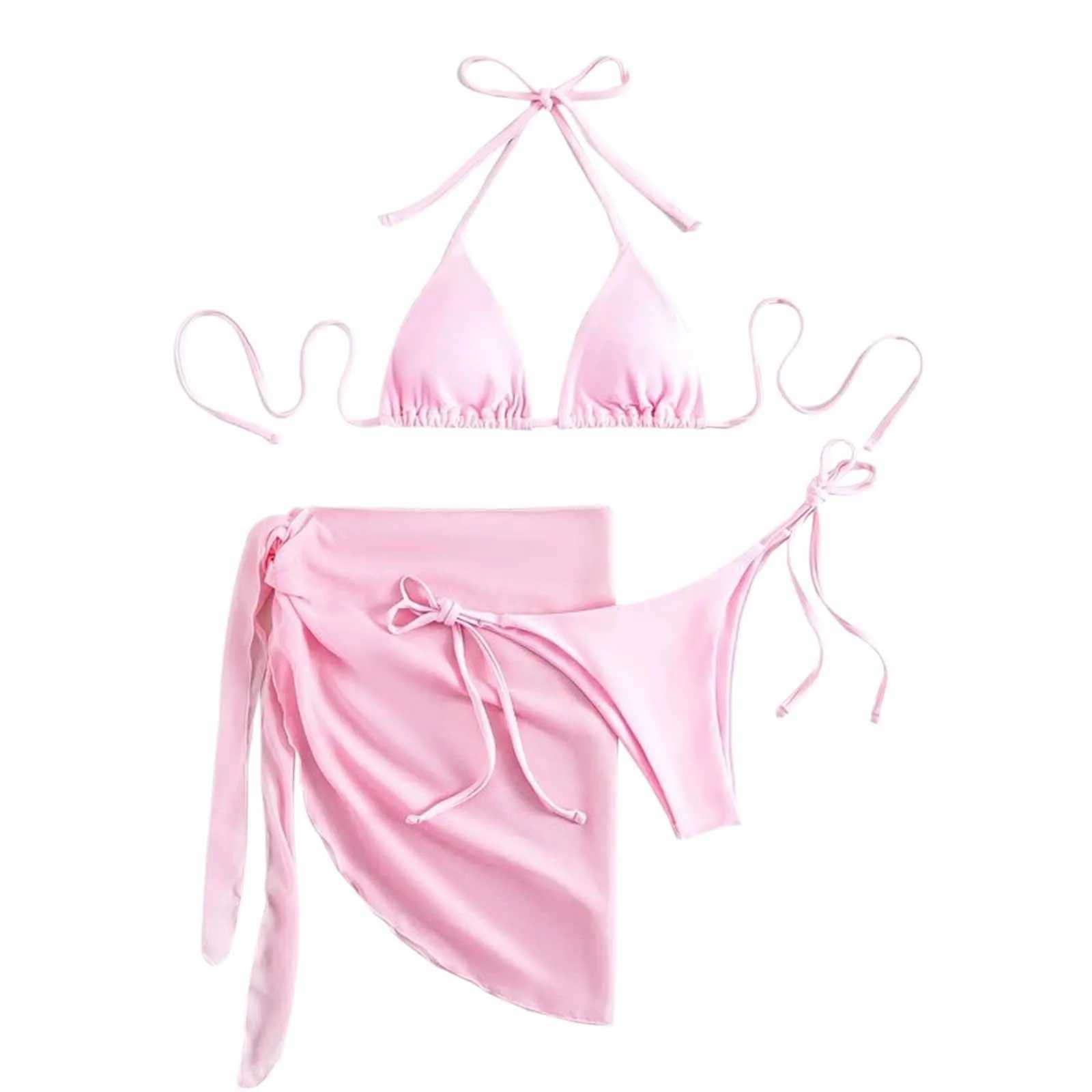 WomenS Solid Halter Backless Bikinis Set Sexy Triangle Cup Lace Up Bikini Top With Bottoms Swimsuit Cover Up 3 Piece SwimsuitXJ241223