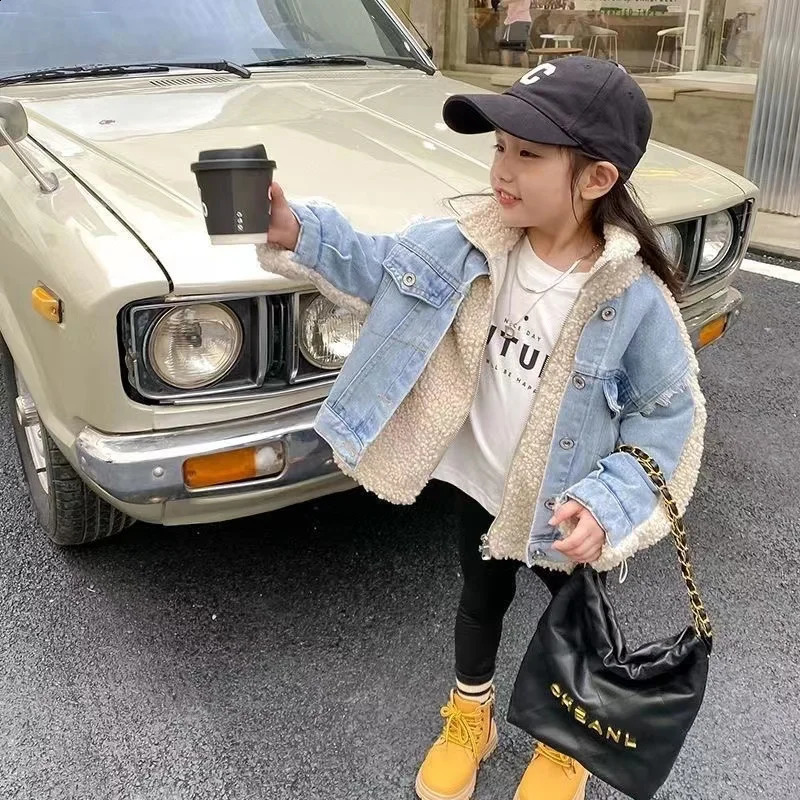 Girls Jacket Fleece Denim Thickness Kids Coats Children Outerwear Autumn Spring 23-A19 241223