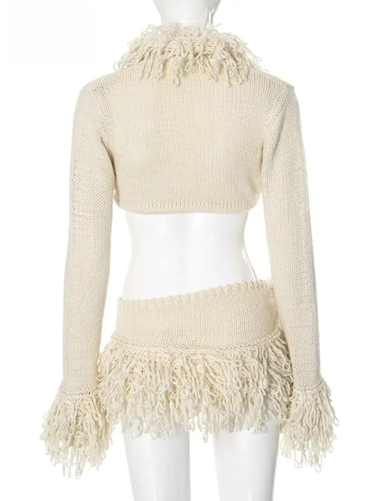 Joskaa Knitted Tassels 2 Piece Sets Women Hipster Sexy Long Sleeve Lace-Up Cardigan Tops And Mini Skirts Matching Party Clubwear