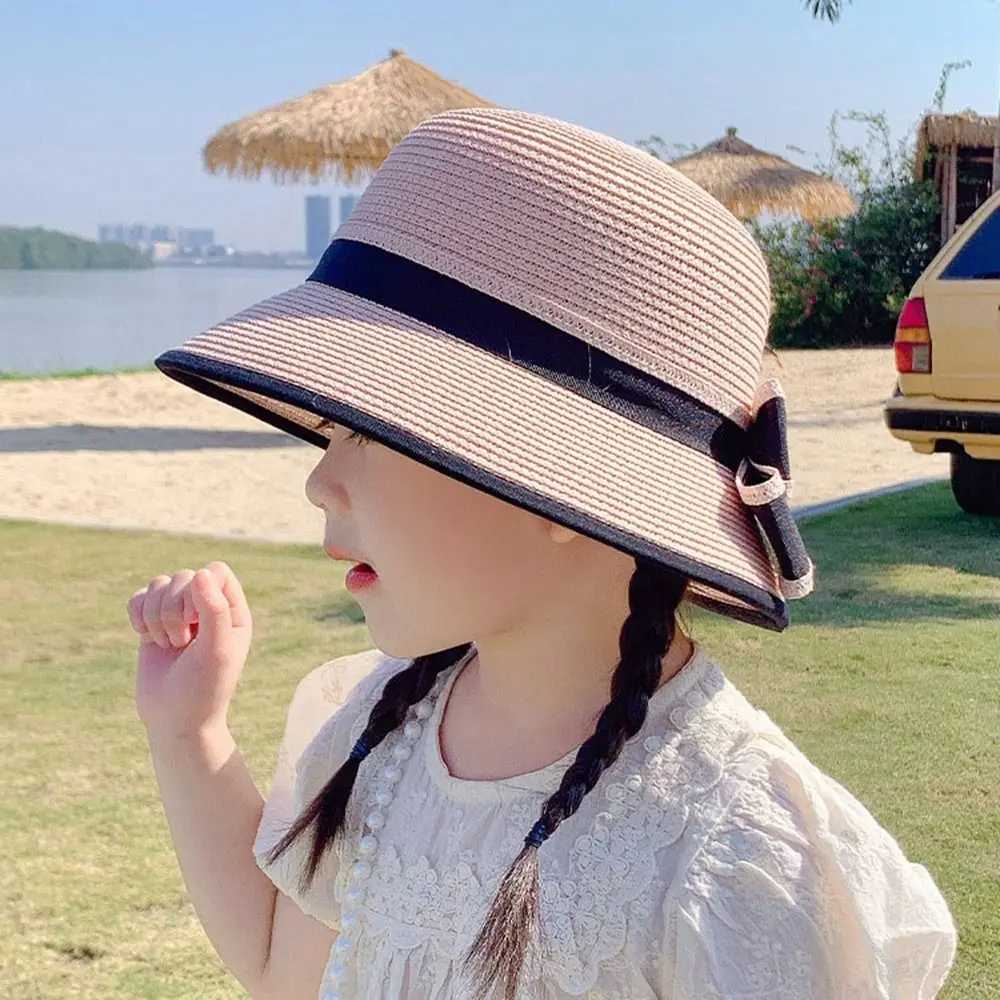 Caps Hats Spring and summer children girls grass bucket hat beach holiday round outdoor bow sun hat H241223