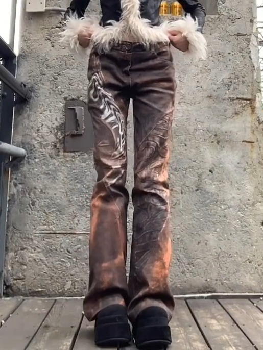 American Retro Washed Printed For Women Fashion Street Hot Girl Micro-Flared Jeans Hip Hop Y2k Trousers