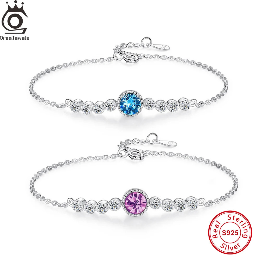 ORSA JEWELS Blue Cubic Zirconia Bracelet Chain Women Gift 925 Sterling Silver Charm Round Pink Crystal Bangle Exquisite SWB03 241214