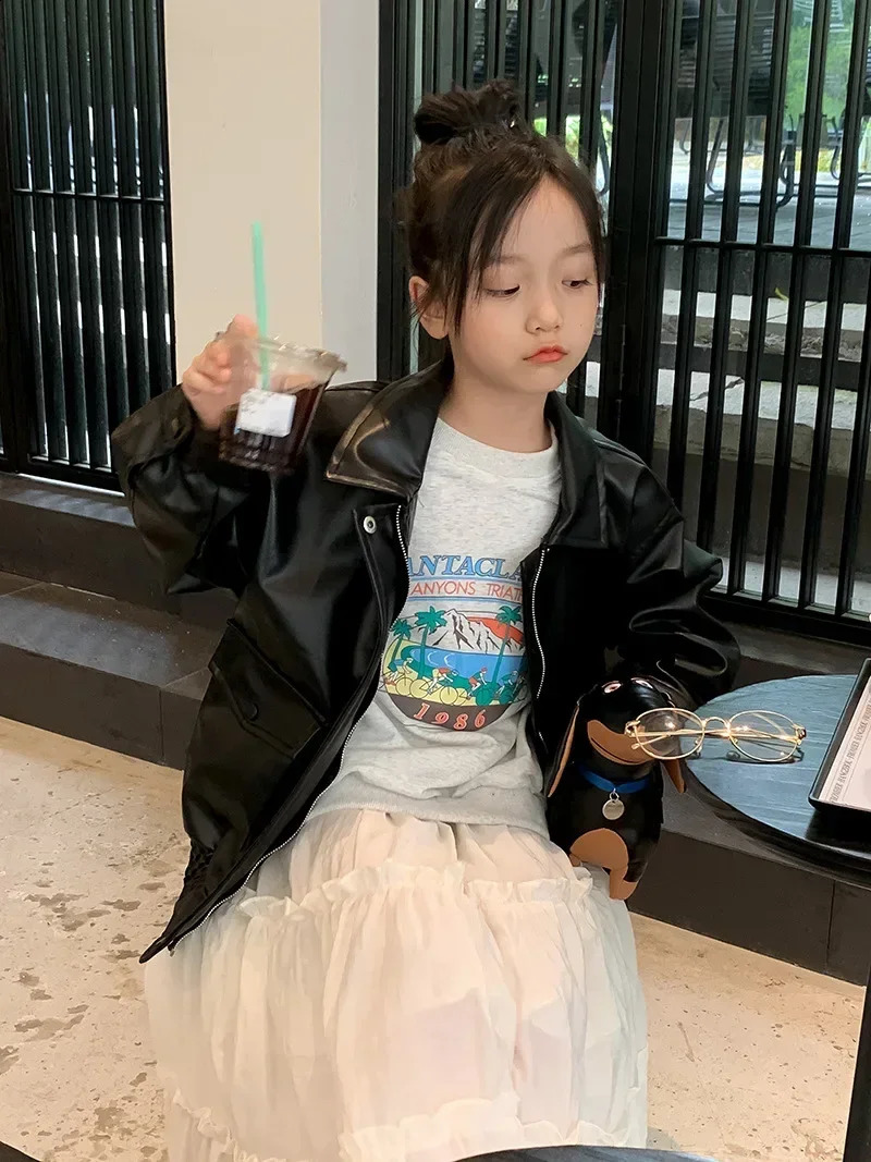 Kid Coat Spring and Summer Boys and Girls Plaid Spring Children Vintage Limited Leather Fashion Niche Black Leather Coat 241223