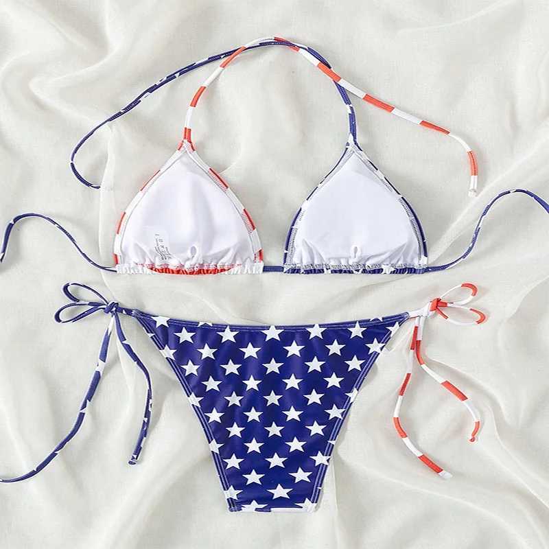 2 Pcs/Set Bikini Set Sexy Bikinis 2024 Lace-up Bikini Swimsuit Womens High Sense American Flag Print Beach Bikini Spa SwimsuitXJ241223