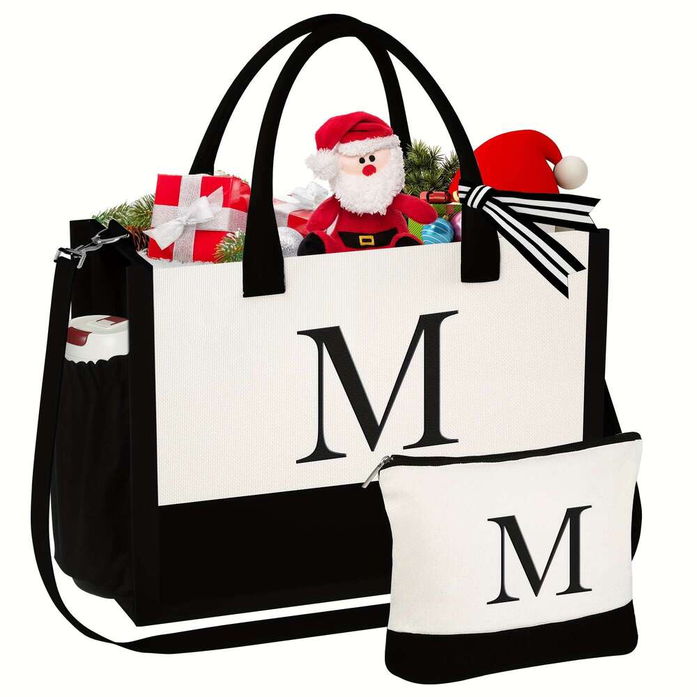 3pcs/2pcs - Initial Canvas Tote & Makeup Bag With Adjustable Strap, Birthday Women Gifts For Wife Girlfriend Friends Female Sister Teacher, Christmas 
