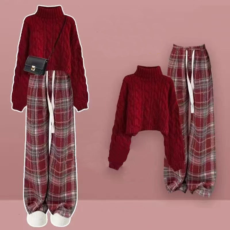 Autumn And Winter Two-Piece Women's New Holiday Outfit Red Sweater With Base Coat Wide Leg Pants Three Piece Pant Set