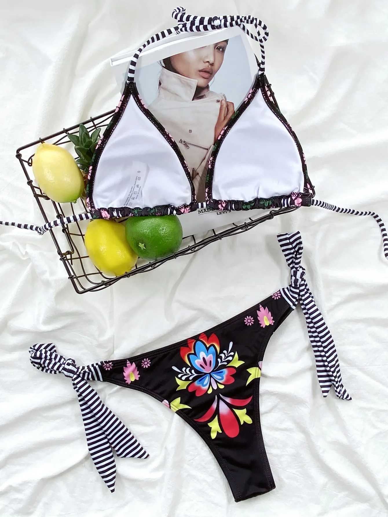 sexy gothic print black triangle bikini set separate high waist thong Swimwear Biquini conjunto de bikini tankini beachwearXJ241223