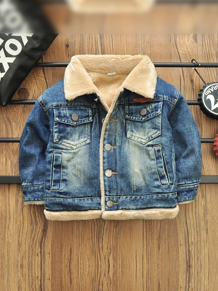 2-8 Years Old Kids Boy Denim Jackets Velvet Warm Coat Autumn Winter Lapel Fleece Lining Jean Coats Boys Outerwear 241223
