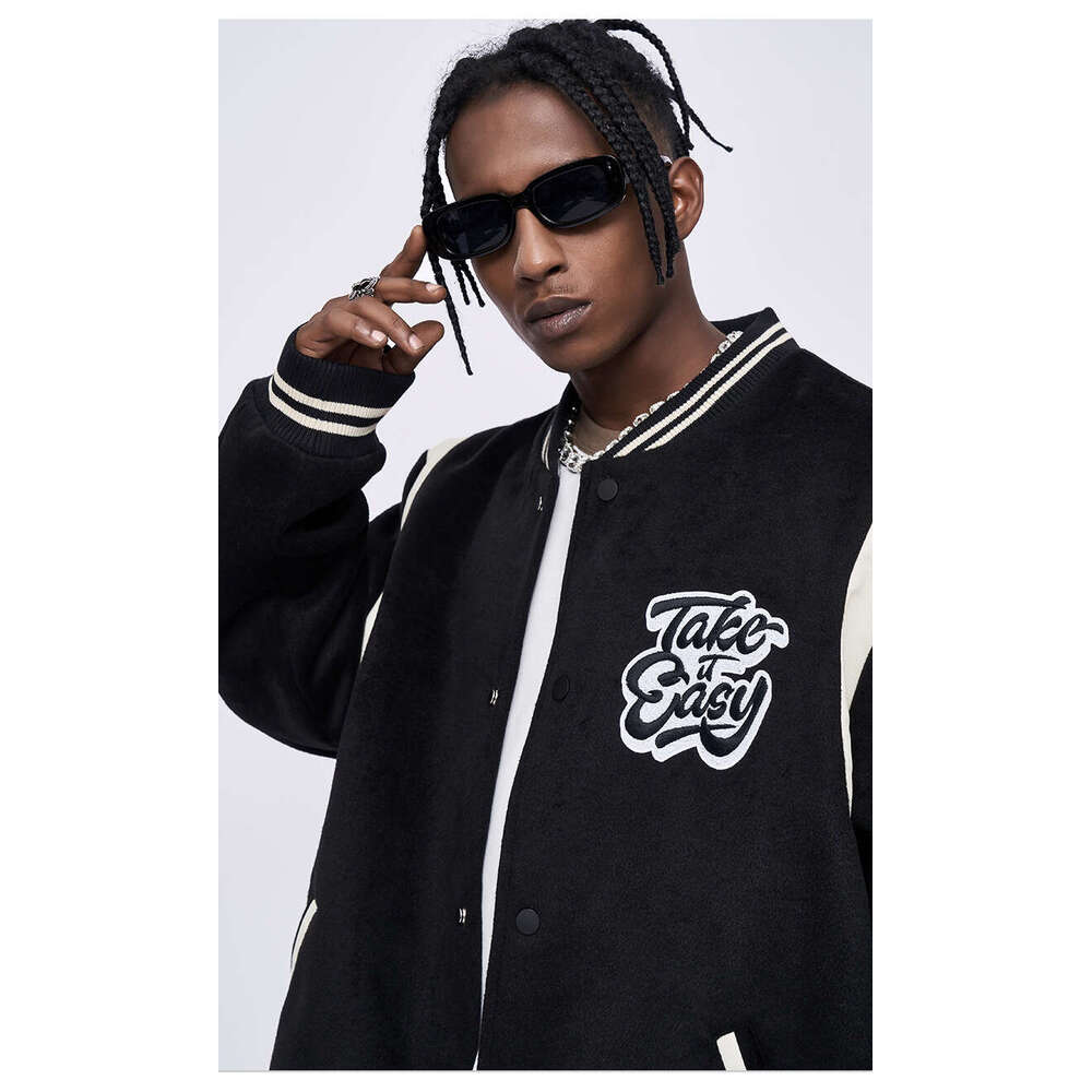 Autumn/Winter New Color Contrasting Loose Embroidered Baseball Couple Cotton Jacket Men and Women