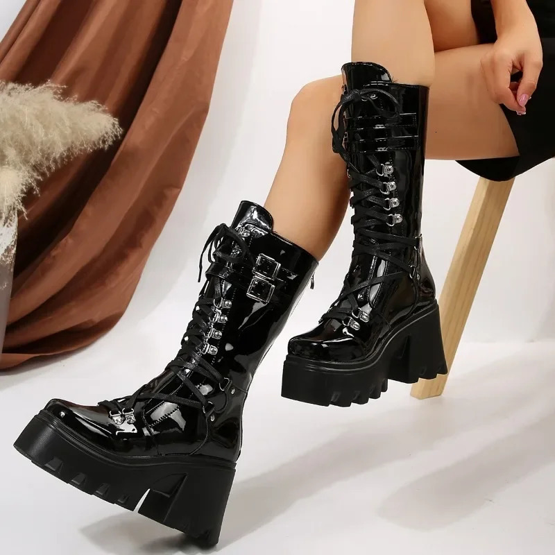 2024 Winter Womens Fashion Medium Tube Boots Lace Upward High Platform Wedge Boots Womens Fashion Solid Color Boots 241213