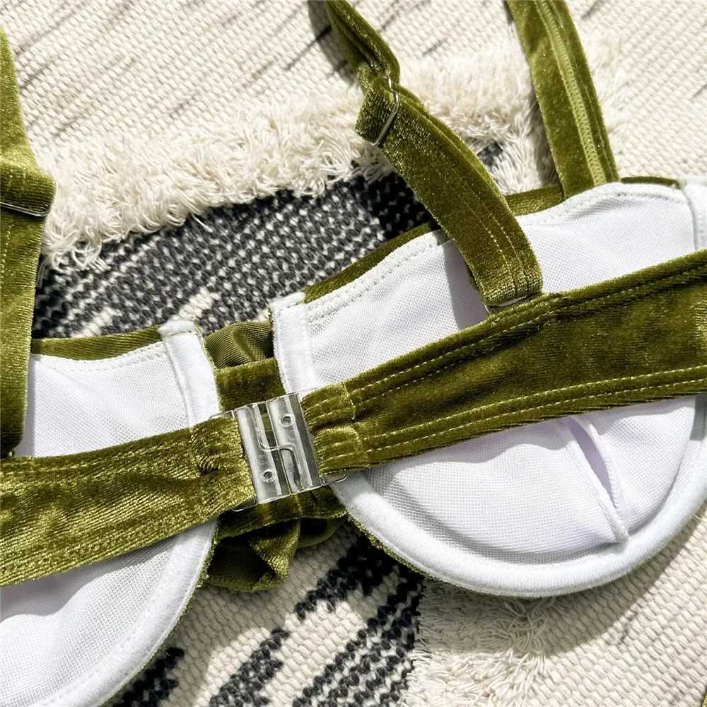 Sexy Green Velvet 3D Flower Swimwear Push Up Bikinis Sets Swimsuit 2024 Women Underwired Bathing Suit Thong Bikini Mujer BiquiniXJ241223