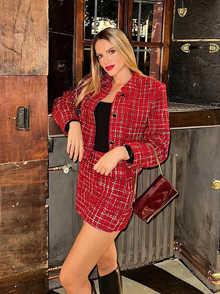 Plaid Knit Jacket Skirt Sets Women Contrast Slim Tops A Line High Waist Mini Skirts Fashion Christmas 2 Pieces Set Lady 241220