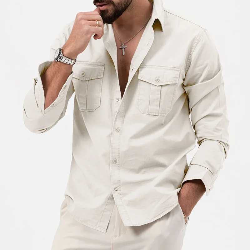 Mens cargo shirt long sleeved casual hiking nylon outdoor work shirt military style spring pocket button mens shirt W241223