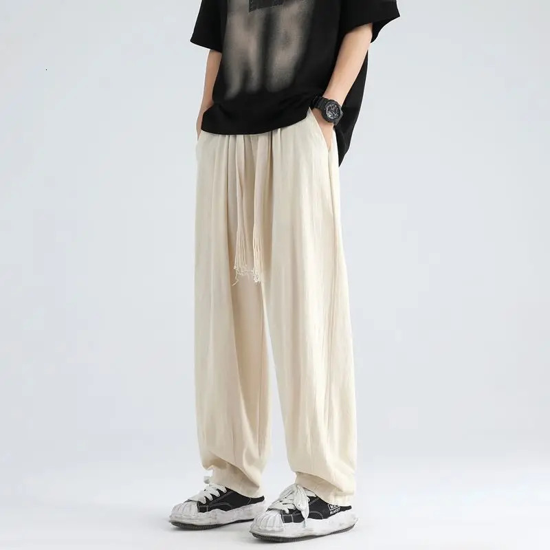 Japanese retro solid color cotton linen wide leg lantern pants mens fashion loose straight tube Versatile sports and leisure 241219