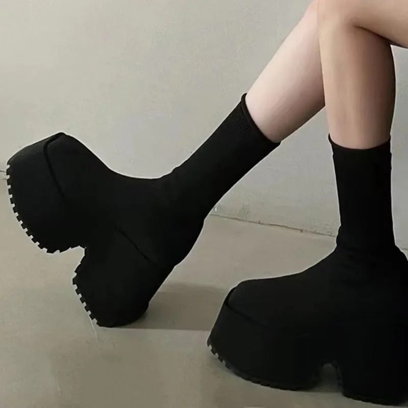 Sock Boots Woman Hidden Wedge Platform Female Casual Shoes Autumn Wedge Lady Knitting Short Ankle Boots Platform 11 CM 241213