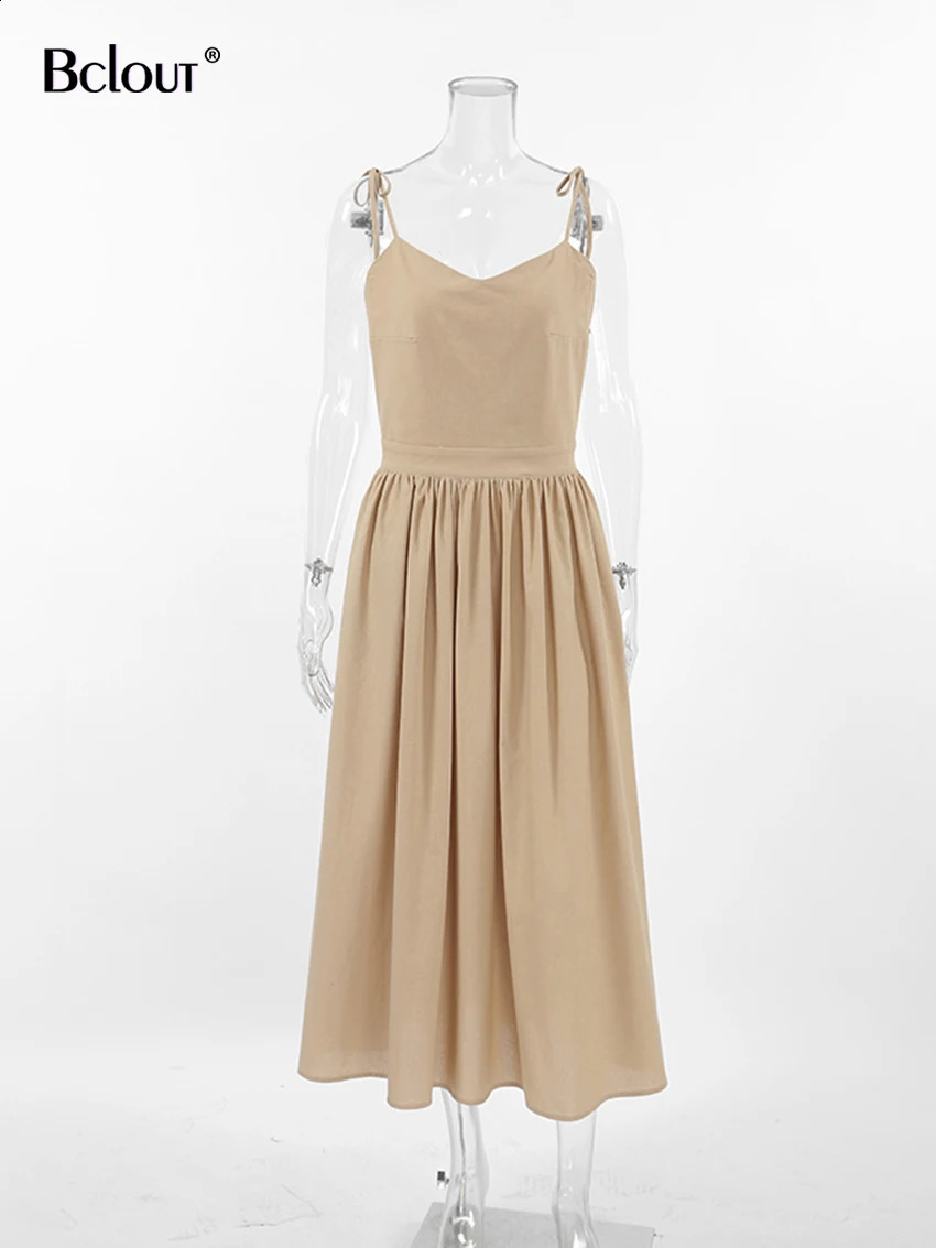 Bclout Fashion Brown Linen Long Dress Women 2024 Elegant Lace-Up Pockets A-Line Dresses Summer Sexy Backless Party Pleated Dress 241223