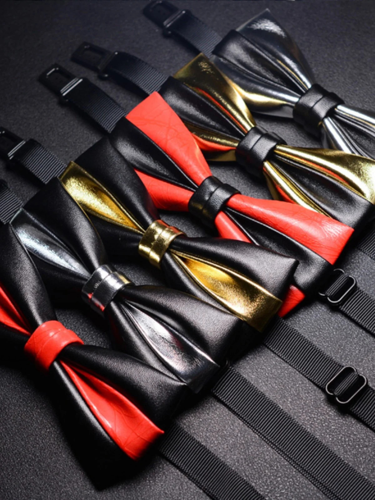 Mens bow PU formal wedding dress gold silver black groom UK Korean bow leather trend solid color 241220