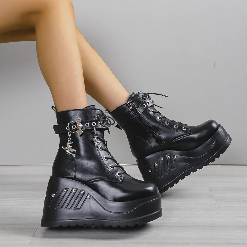 2024 Womens Fashion Boots Selling Punk Gothic Platform High Heels Wedge Womens Casual Gothic Punk Size 43 Womens Shoes 241213