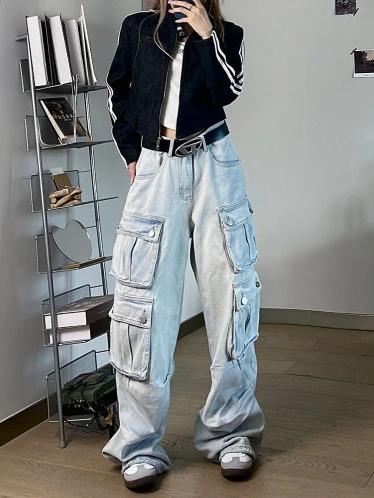 Autumn Winter Multi-Pocket Blue Washed Jeans Cargo Pants Y2k Harajuku Casual Wide Leg Pants American Street Style Baggy Car 241223