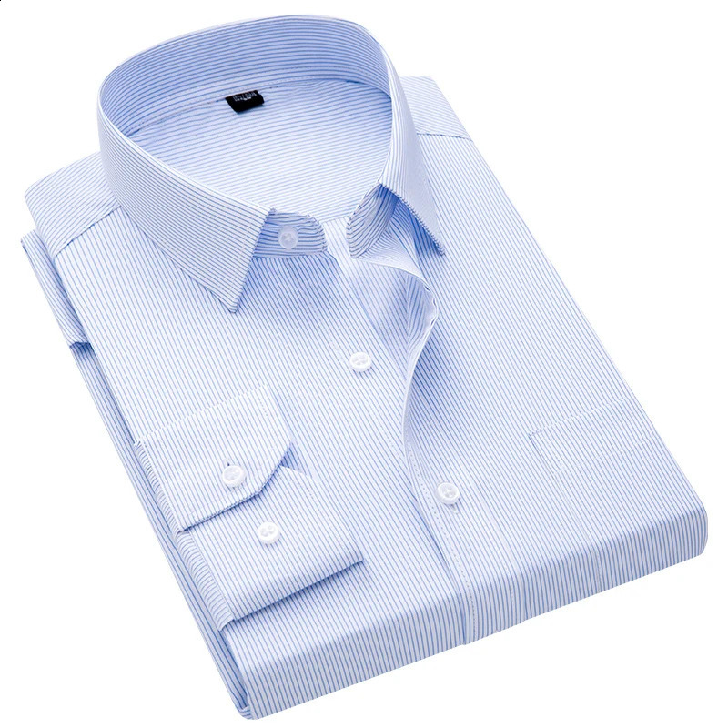 Business Anti-wrinkle Non-ironing Long-sleeved Shirt Mens Formal Plaid Stripe Cotton Classic Workplace Office Tooling 241223