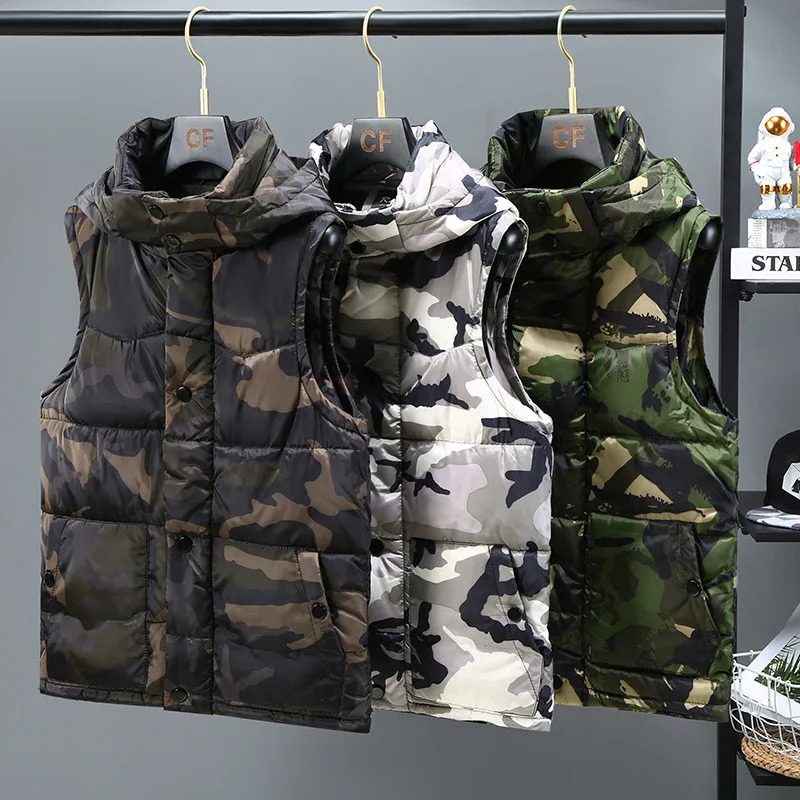 Camouflage Vest Mens Winter Casual Military Outerwear Warm Hood Waistcoat Sleeveless Jackets Vests Men