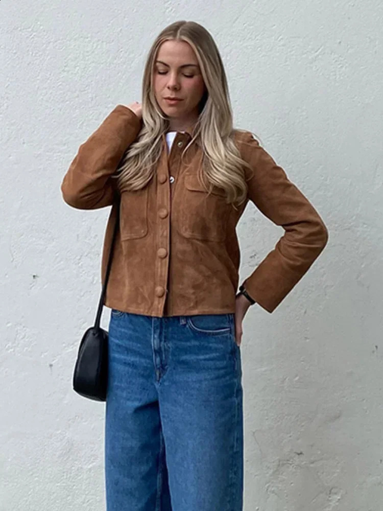 Womens Brown Long Sleeves Short Jackets Vintage Single Breasted With Pocket Cropped Coats 2024 Lady Fashion High Streetwear 241223