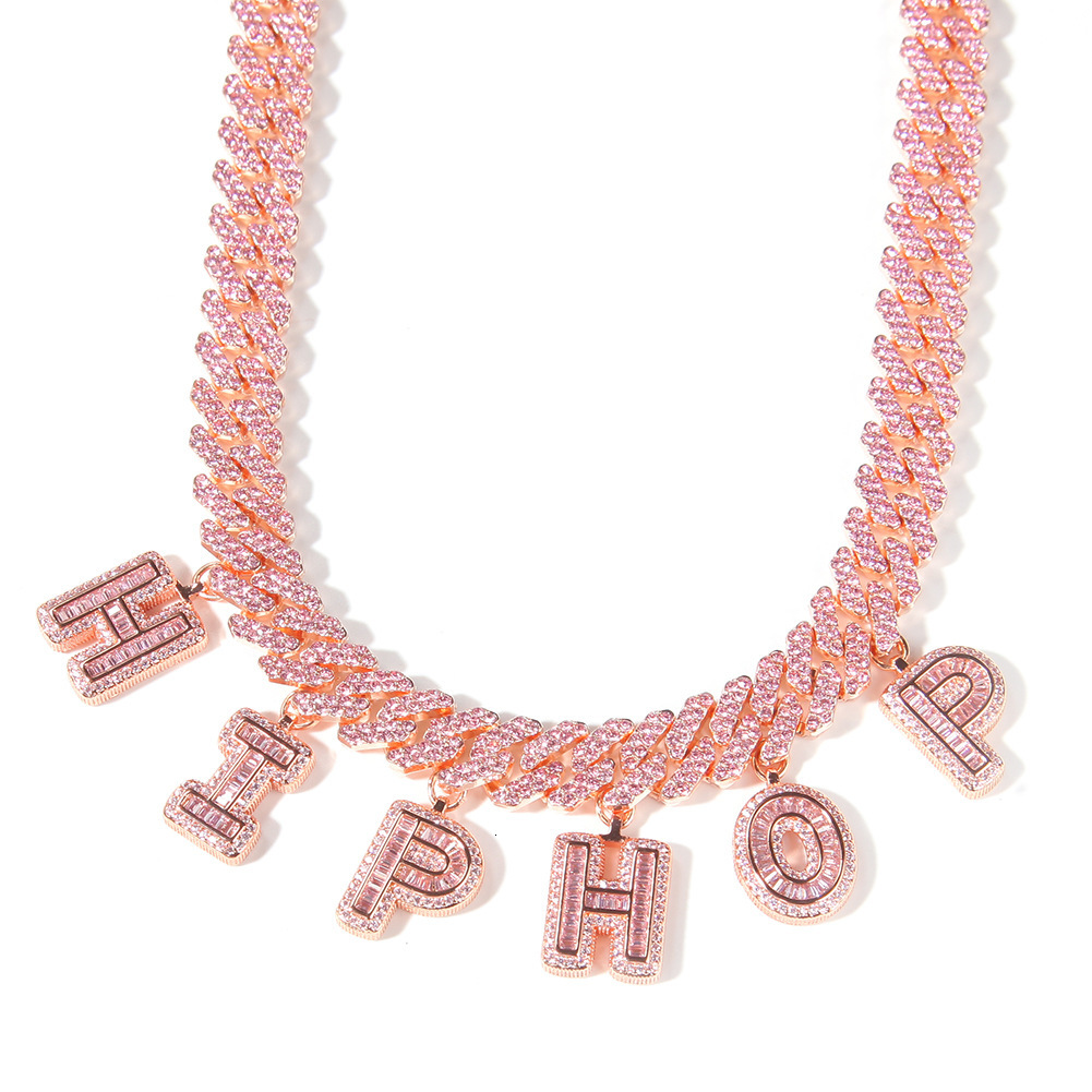 12mm Pink Custom Letter Name Pendant Crystal Cubal Link Chain Necklace Bracelet DIY Initial Letters Curb Chains Couple Personalized Match Jewelry Puls