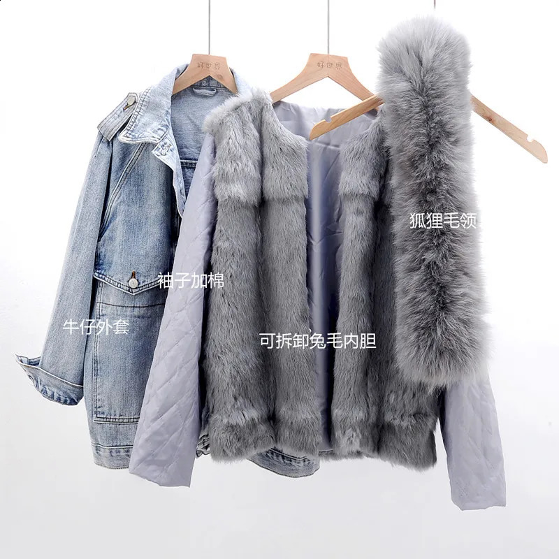 Removable Real Fox Fur Collar Rabbit Fur Liner Denim Jacket Women Winter Loose Thick Warm Jeans Jackets Parka Female Outerwear 241220