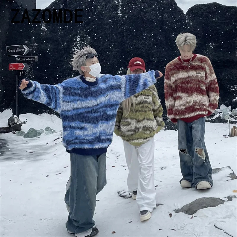 ZAZOMDE Striped American Style Street Knitted Sweaters Top For Men Women Trendy Casual Couple Knitwear Sweater Clothing Men 241223