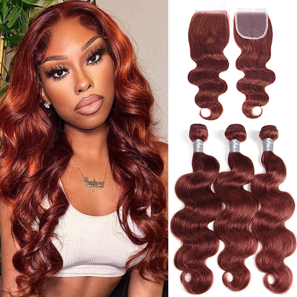 Reddish Brown Body Wave 3 Bundles Human Hair With 4x4 Lace Closure Free Part 100% Human Hair Bundles With Closure