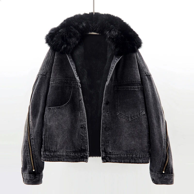 Winter Thick Natural Fox Fur Collar Rabbit Fur Denim Jacket Women Black Blue Cow Outerwear Loose Short Jeans Jackets Female 241220
