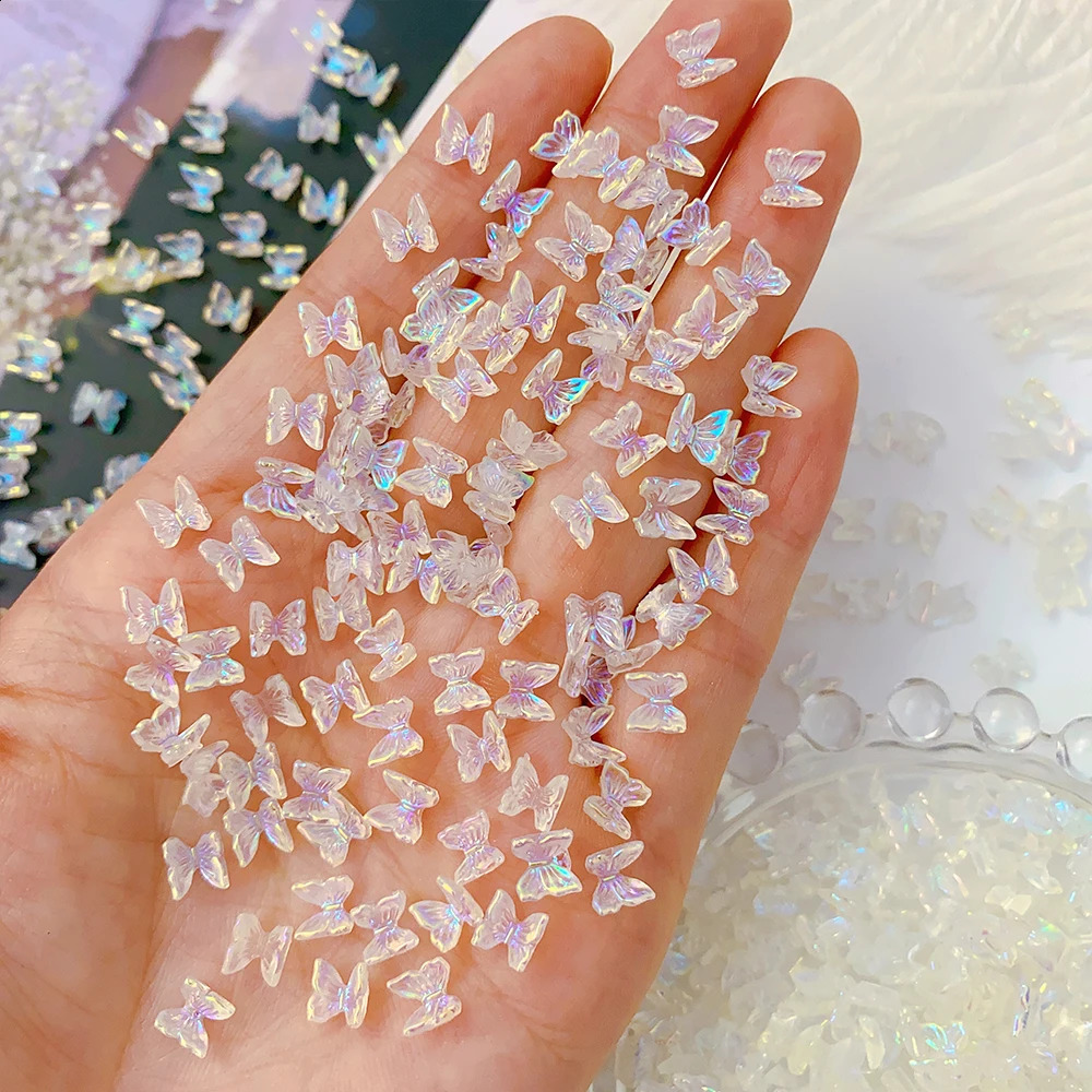 100Pcs Colorful Aurora Butterfly Nail Art Decoration 6mm Resin Mini 3D Butterfly Nail Charms AB Pink Cute Manicure Butterfly N* 241223