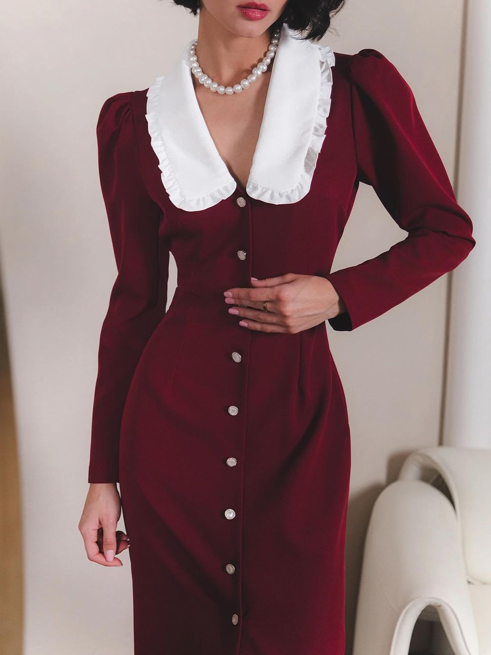 L94338 Spring Fashion French Baby Collar Puff Sleeve Button-up Contrast Color Slim Fit Hip Dress