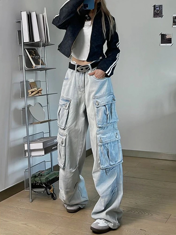 Autumn Winter Multi-Pocket Blue Washed Jeans Cargo Pants Y2k Harajuku Casual Wide Leg Pants American Street Style Baggy Car 241223